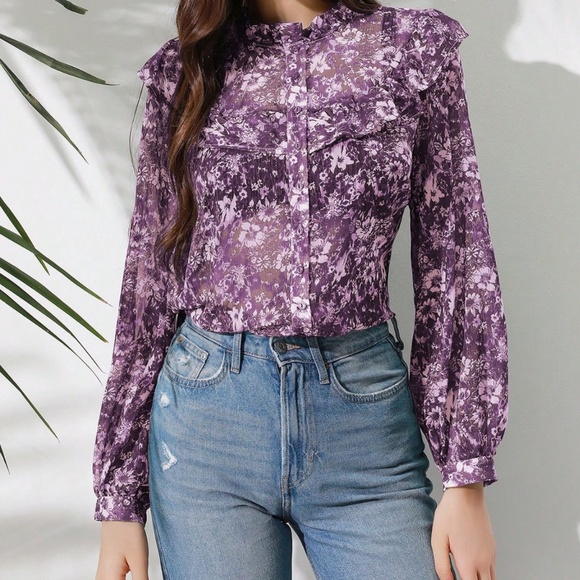 Boho Floral Print Button Down loose Fit Long Sleeve Blouse - Picture 9 of 15